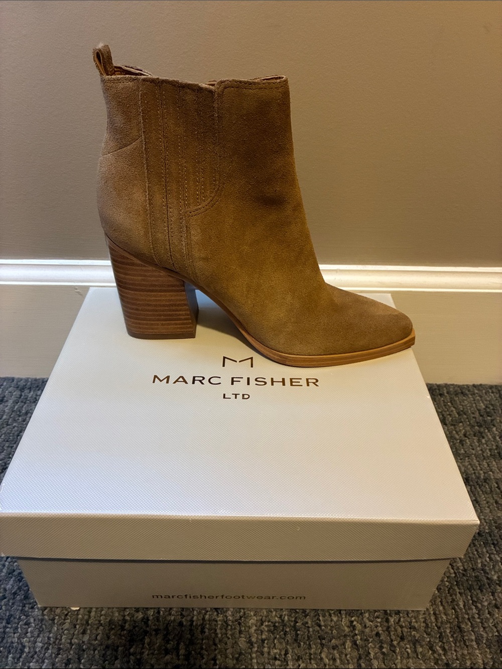Marc Fisher Tan Suede Stacked Heel Ankle Booties
